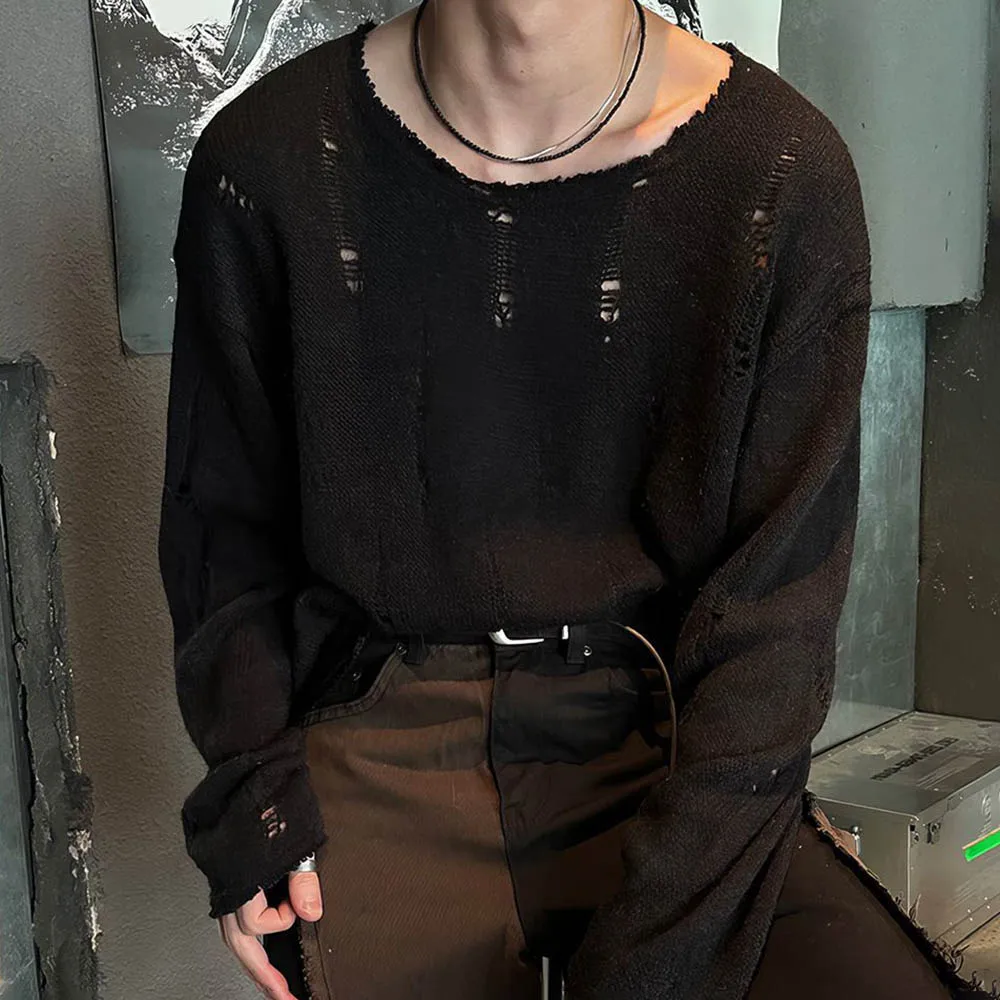 الرجال بلون ممزق بأكمام طويلة تي شيرت الأمريكية الرجعية موضة الاتجاه شارع العليا فضفاض عادية تنفس المتخصصة الرجال بلايز