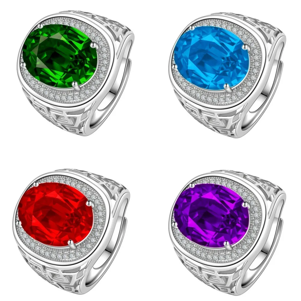 

Big Sparkling Gemstones Diamonds Vintage Pattern Carving Rings for Men White Gold Filled Silver 925 Masculine Cool Finger Bands