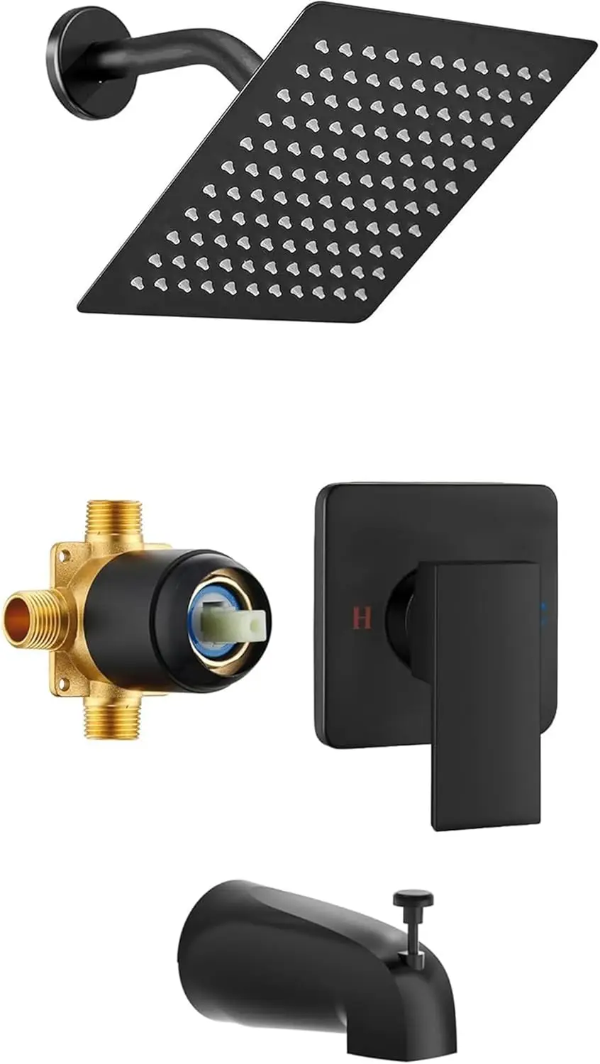 

8 Inch Square Wall Mounted Rainfall Shower Head Set with Tub Spout and Valve Body, Matte Black