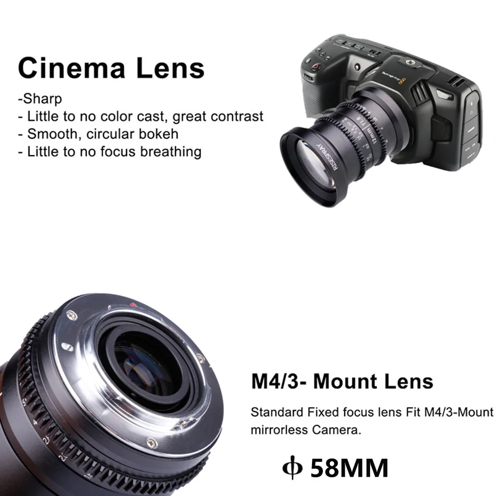 RISESPRAY 12mm F1.6 T1.6 Large Aperture Manual Focus Low Distortion 4K Mini Cine Lens for Micro Four Thirds M4/3 MFT Panasonic