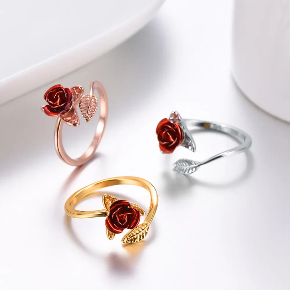 U7 Leaf and Red Rose Flower Open Rings Cuff for Women Flower Charm Adjustable Size Love Romantic Birthday Jewelry GIft for Her