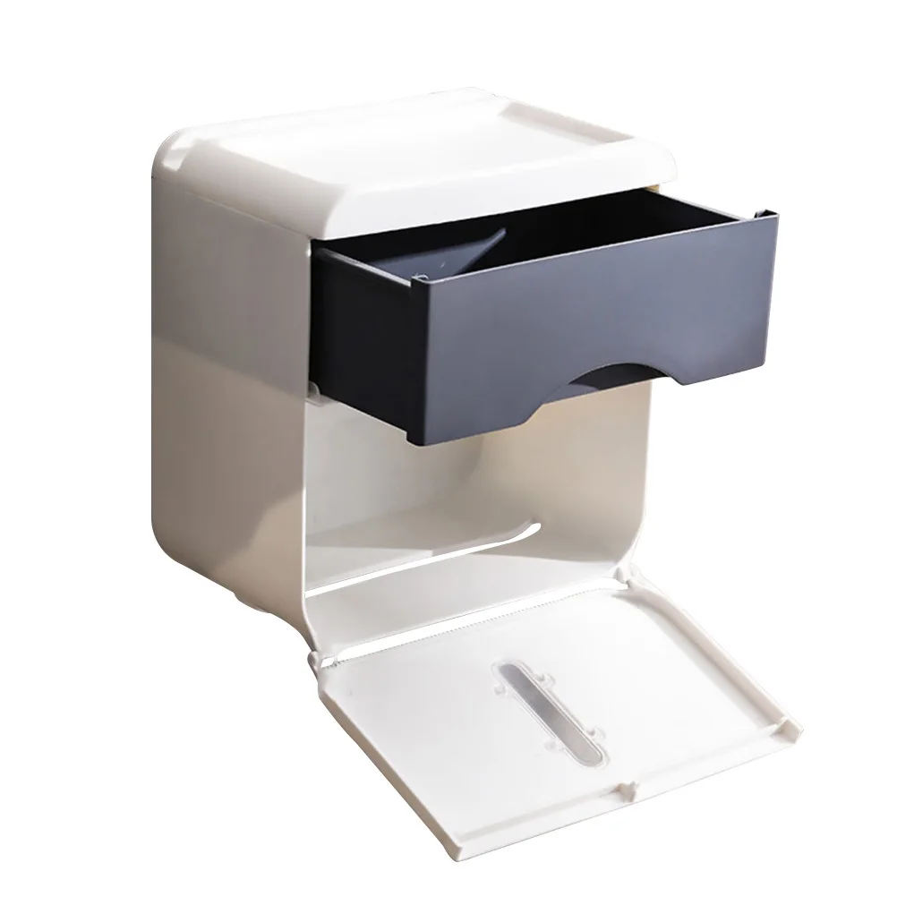 Bathroom Paper Box ABS No Punch Tissue Holder Toilet Tissue Box with Drawer Storage for Home Hotel Use