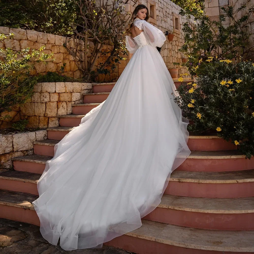 Vestido de novia de manga larga con cuello hasta el muslo para mujer, línea A, clásico, elegante, desmontable, apliques de tul, Perla