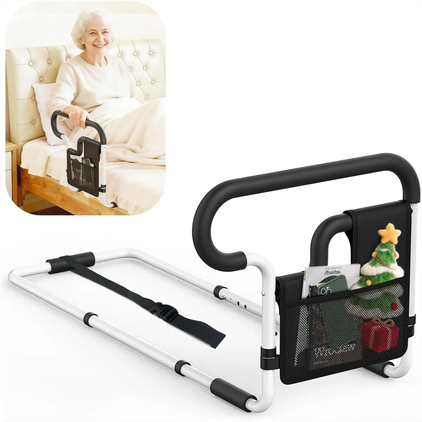 

Bed Rails for Elderly Adults Safety: Adjustable Bedside Assist Bar with Dual Handles, Fits Twin Full Queen King