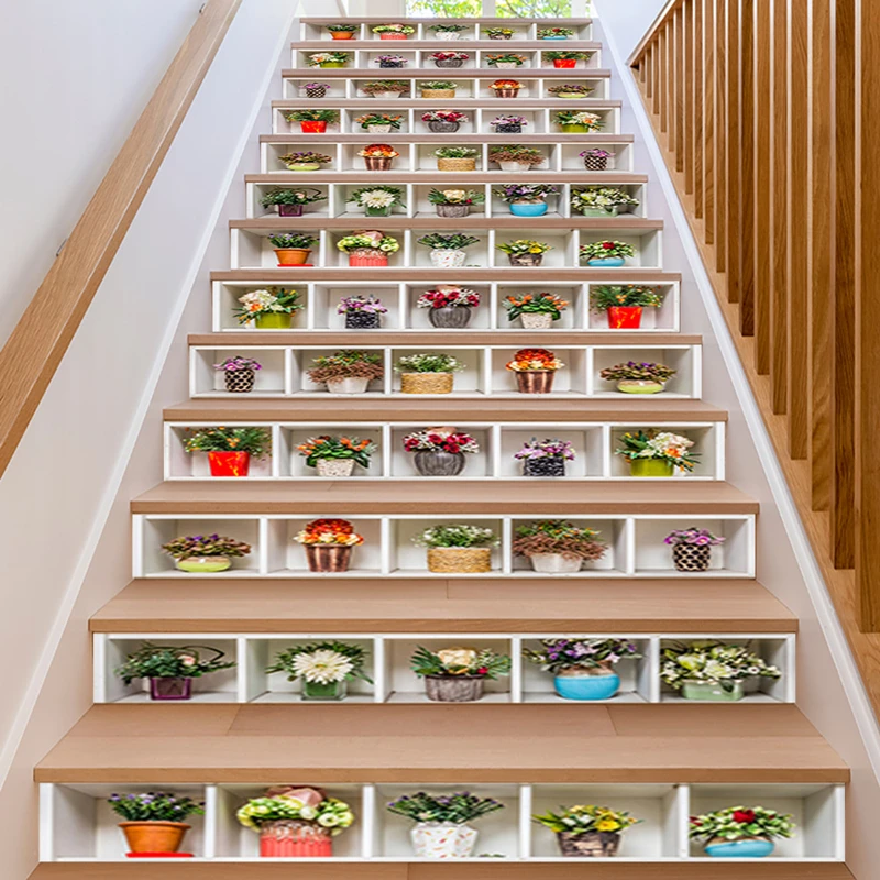 ديكور المنزل المشهد درج ملصقات شعرية بوعاء الزهور النباتات الفينيل جدارية للغرف الجمالية درج خطوات للإزالة #3