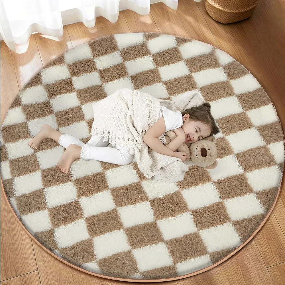 

Beige and White Checkered 5x5 Ft Round Fluffy Rug for Bedroom with Non-Slip High Pile