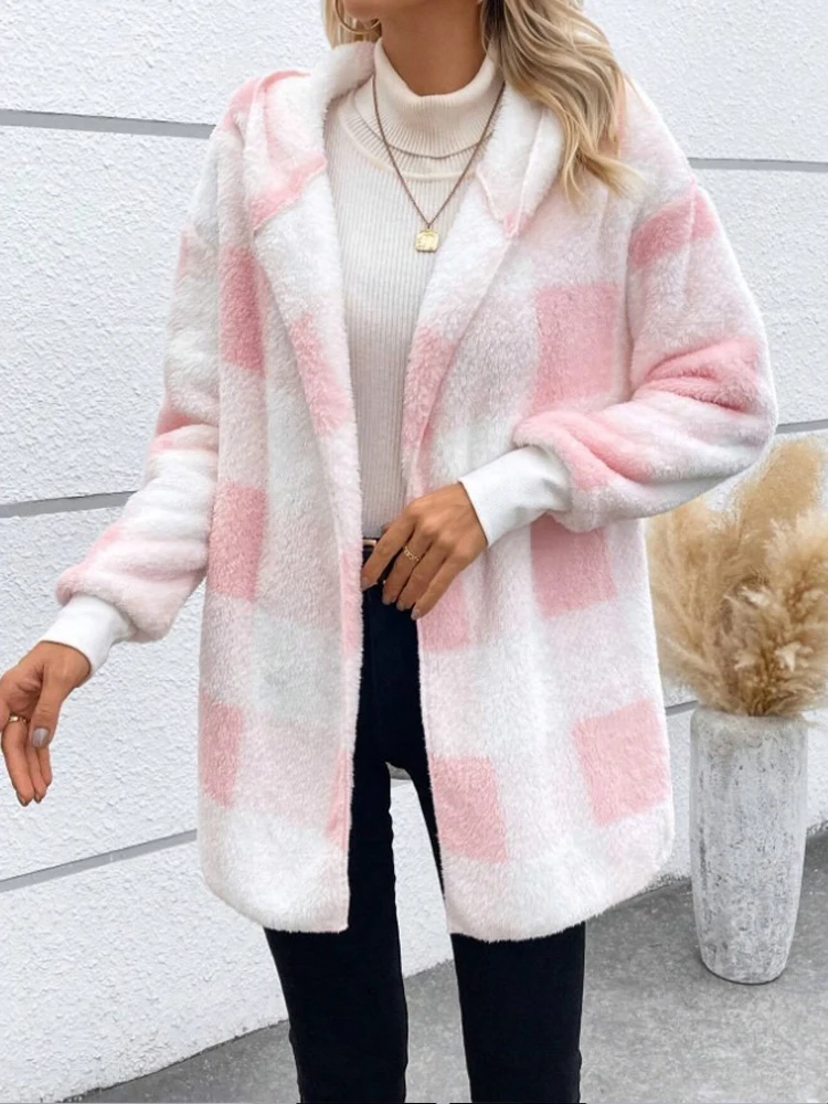 2024 Winter Plaid Color Block Women Cardigan Hooded Loose Ribbed Long Sleeved Sweaters Warm Plush Comfortable Knitted Clothing