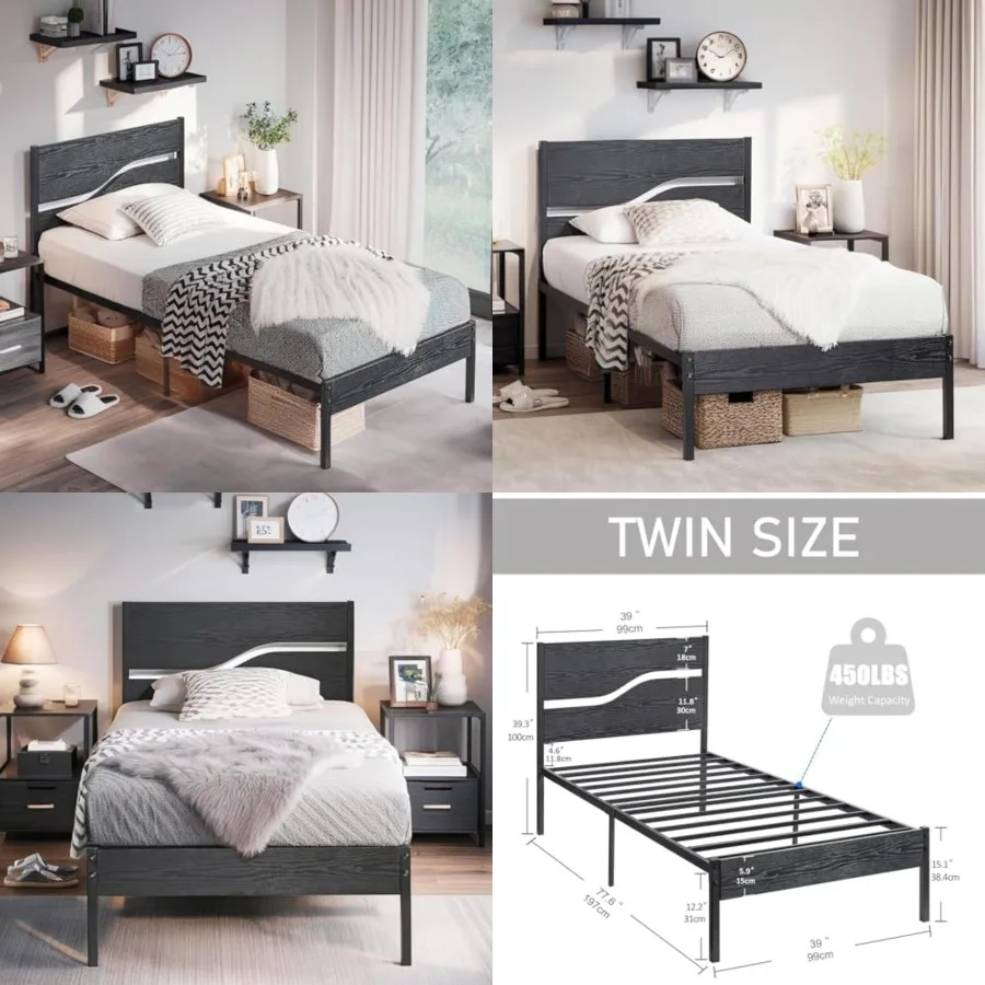 

Size Bed Frame - Heavy-Duty Metal Platform with Wood Headboard, No Box Spring Needed, and