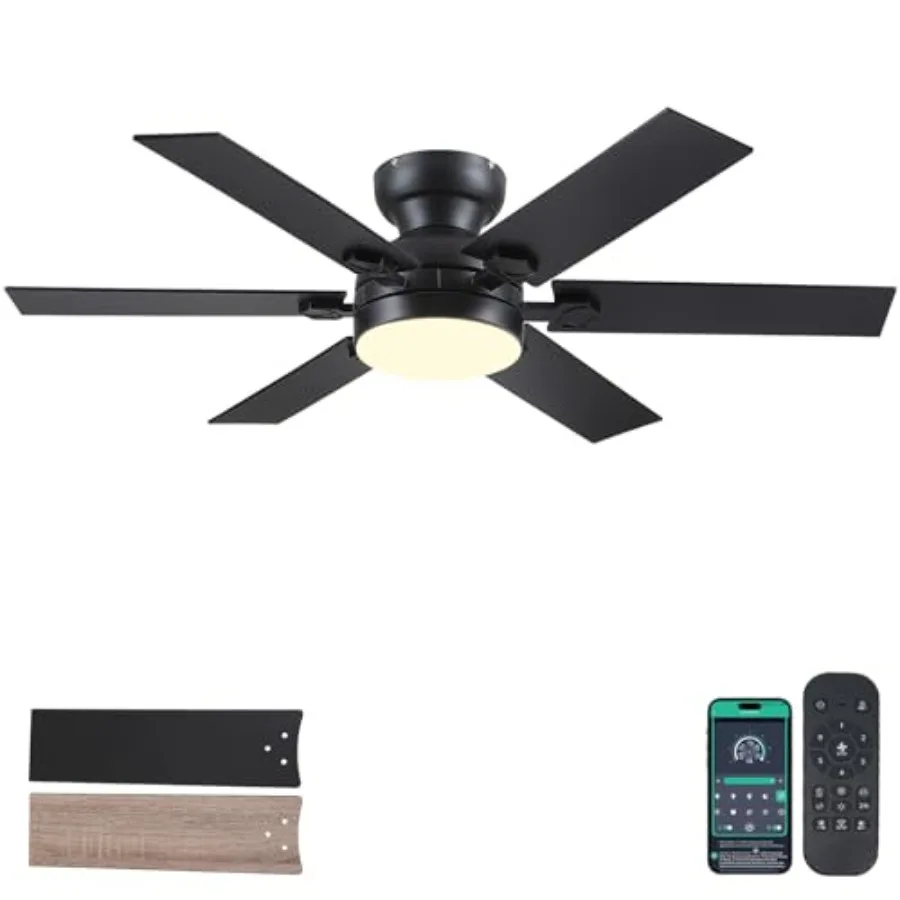 

Bedroom and kitchen ceiling fans with lights, black matte finish, quiet reversible DC motor, modern low-profile flush mount des