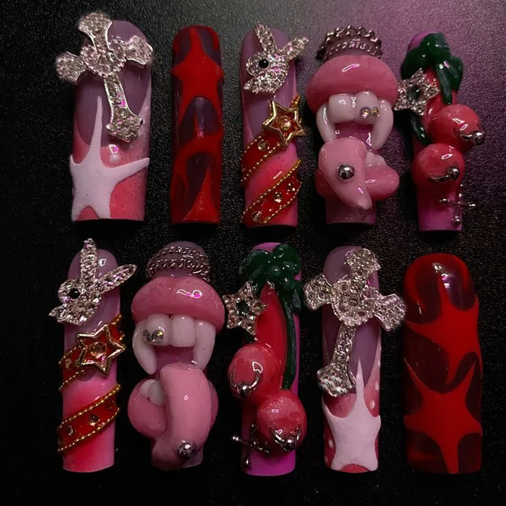 10 قطعة Y2K اليدوية الساخن فتاة اضغط على الأظافر شخصية نمط ساحة الشفاه الصدر الفرنسية هلام قذيفة سلسلة تصميم الأظافر ملصق