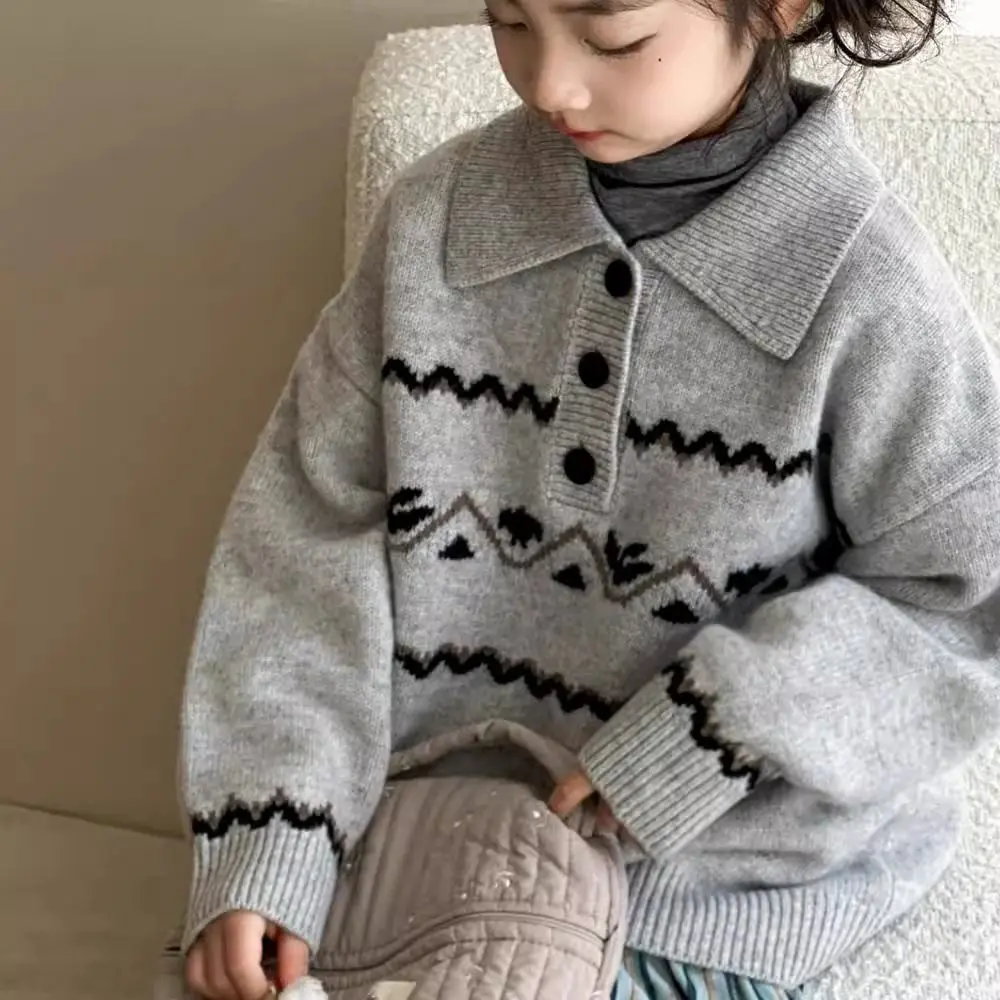 Striped Pattern Girls Knitted Pullover Autumn and Winter 2024 New Children's Wool Blended Foreign Style Girls Jacquard Sweater