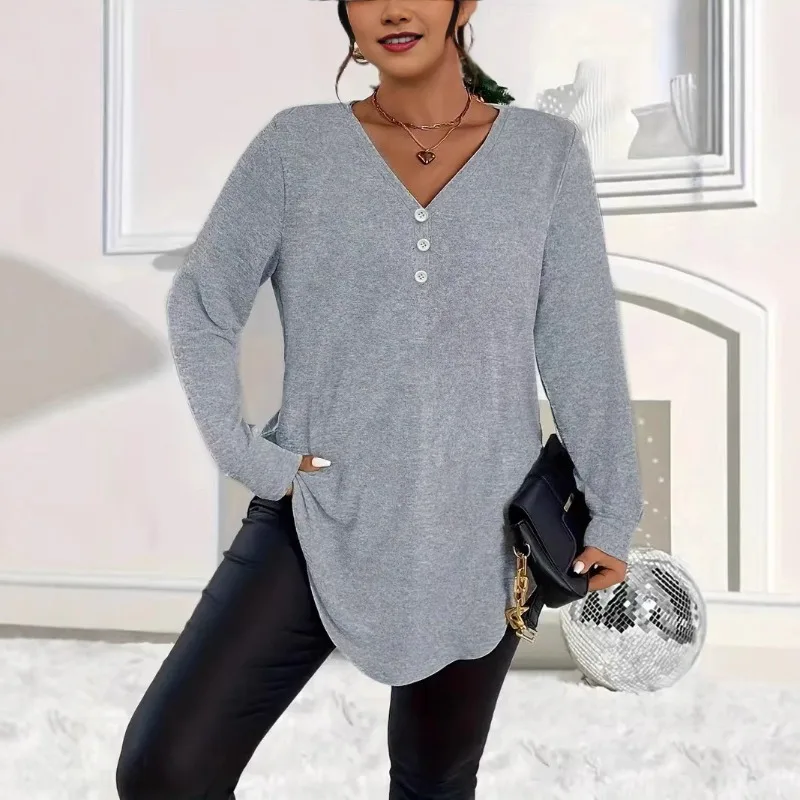 

1pcs Elegant Plus Size Women's V Neck Solid Color Button Long Sleeve Top Casual Loose Loungewear