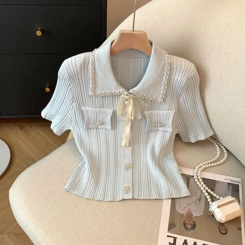 

Летний вязаный жилет из ледяного шелка ort Sve Knot с кукольным воротником, женский модный китайский универсальный облегающий жилет