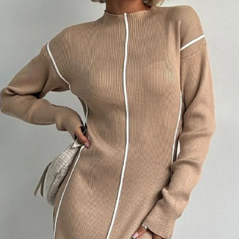 TARUXY Elegant Line Knitted Dress For Women Slim Fit Hip-Covering Long Sleeve Round Neck Long Dresses 2024 Autumn Commuting New