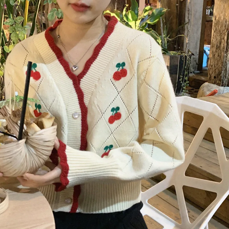 

Sweet Sister ort Knitted Sweater Top Women's Loose Cherry Slimming Woolen Coat Vintage Gentle Early Spring Faion