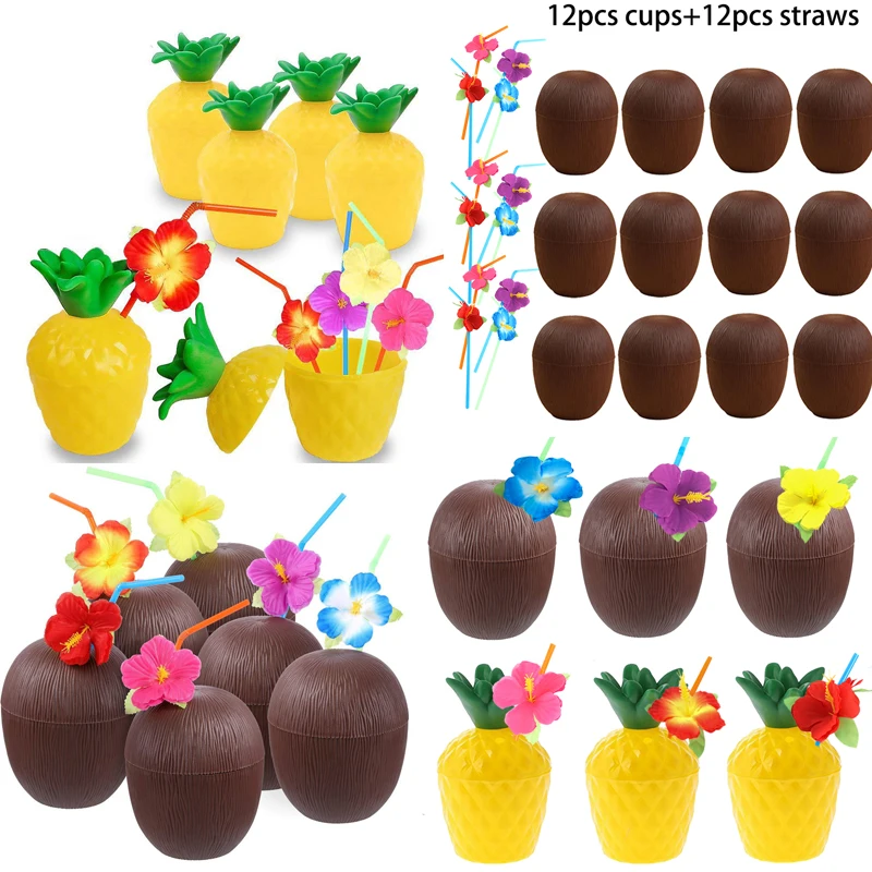 6/12pcs Hawaiian Plastic Cup Hawaiian Theme Party Decor Pineapple Cocount Straw Cup Summer Holiday Tropical Party Wedding Decor