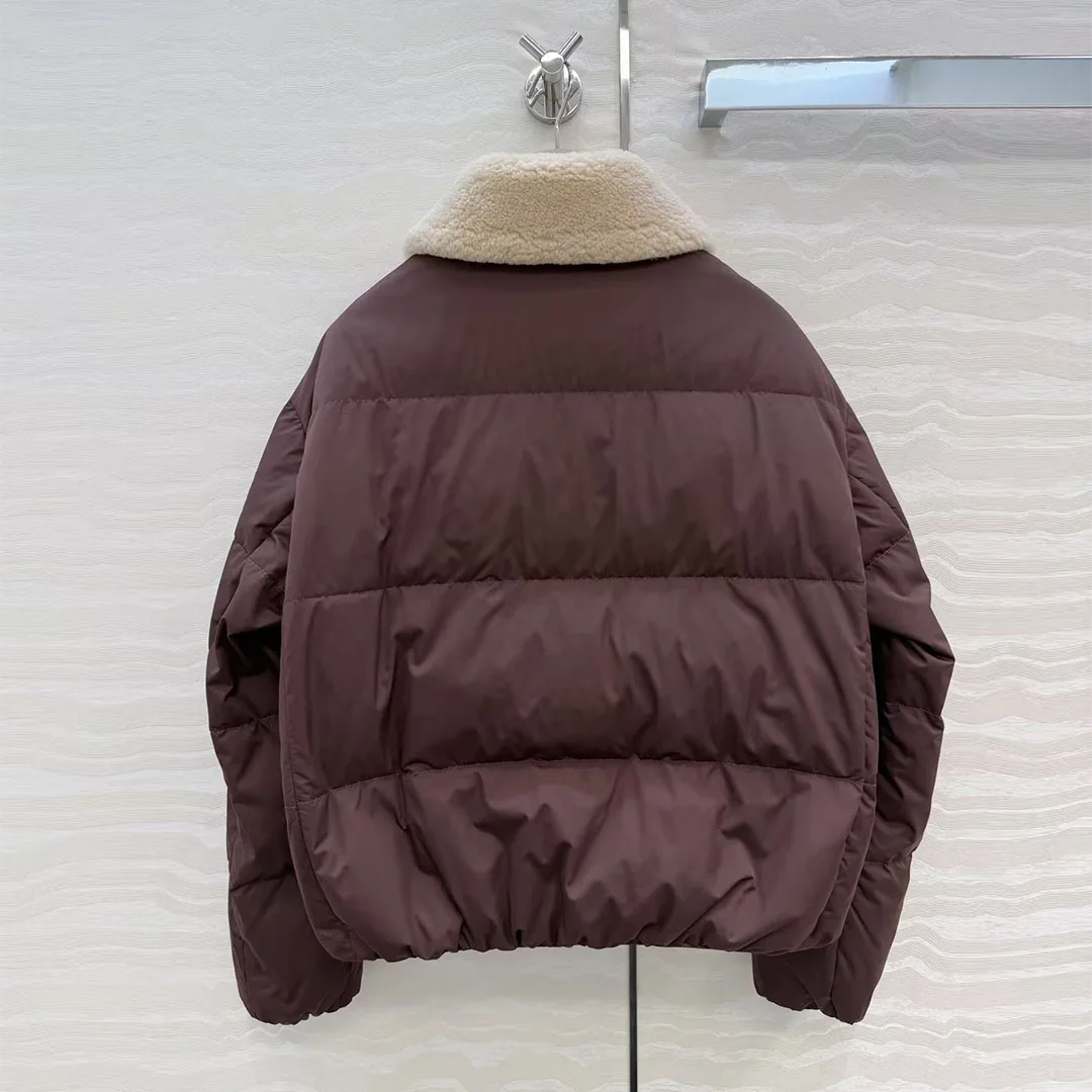 Nieuwe Winter Lamswol Revers Lange Mouw Losse Witte Ganzendons Jas Vrouwen Rits Casual Oude Geld Stijl Leuke Warme Jas