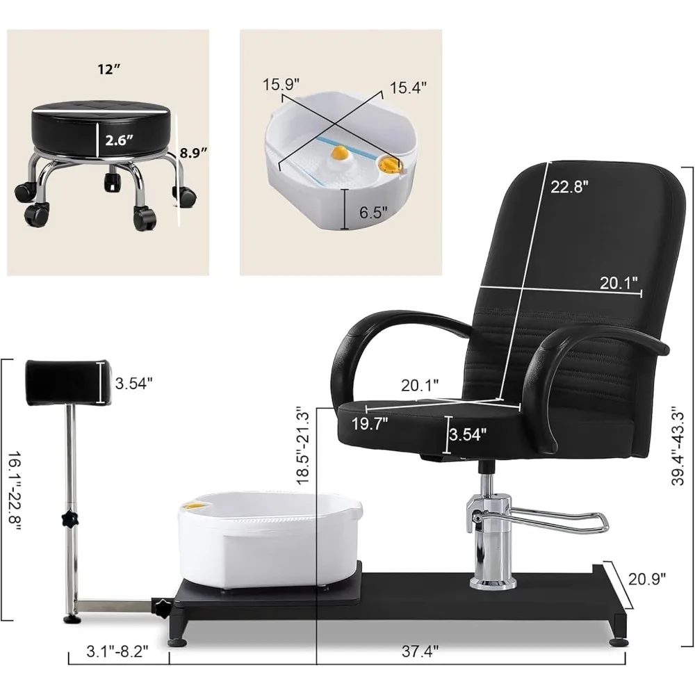 Silla de pedicura con taburete bajo rodante/lavabo para pies/reposapiés hidráulico ajustable para salón Spa Nail Tech