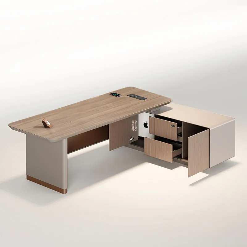

*Boss Table Office Desk Light Luxury High-end Executive Desk with Curved Edge Side Cabinet & Drawers Chair Combination Set