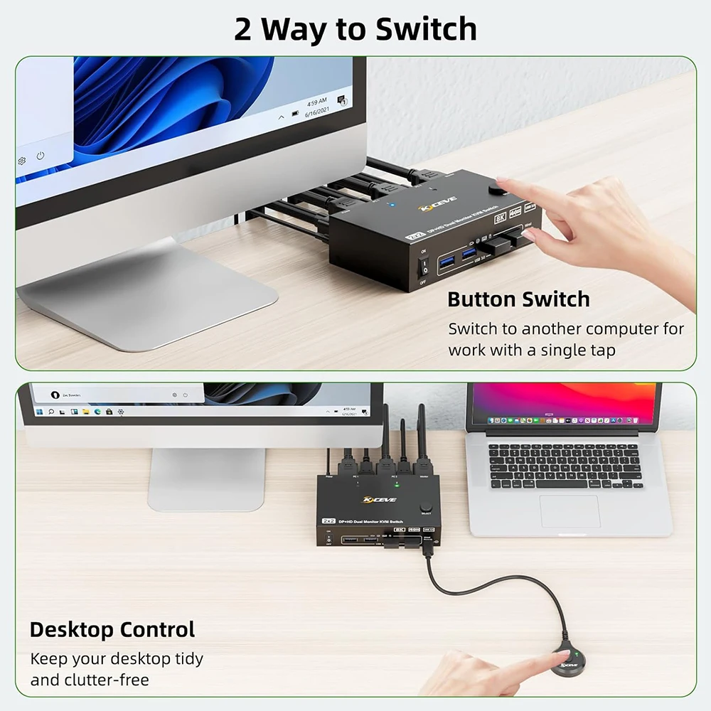 8K Dual Monitor KVM Switch 8K@60Hz 4K@144Hz, HDMI-Compatible 2.1 KVM Switch for 2 Computer Share 2 Monitors and 1 USB3.0 + 1 USB