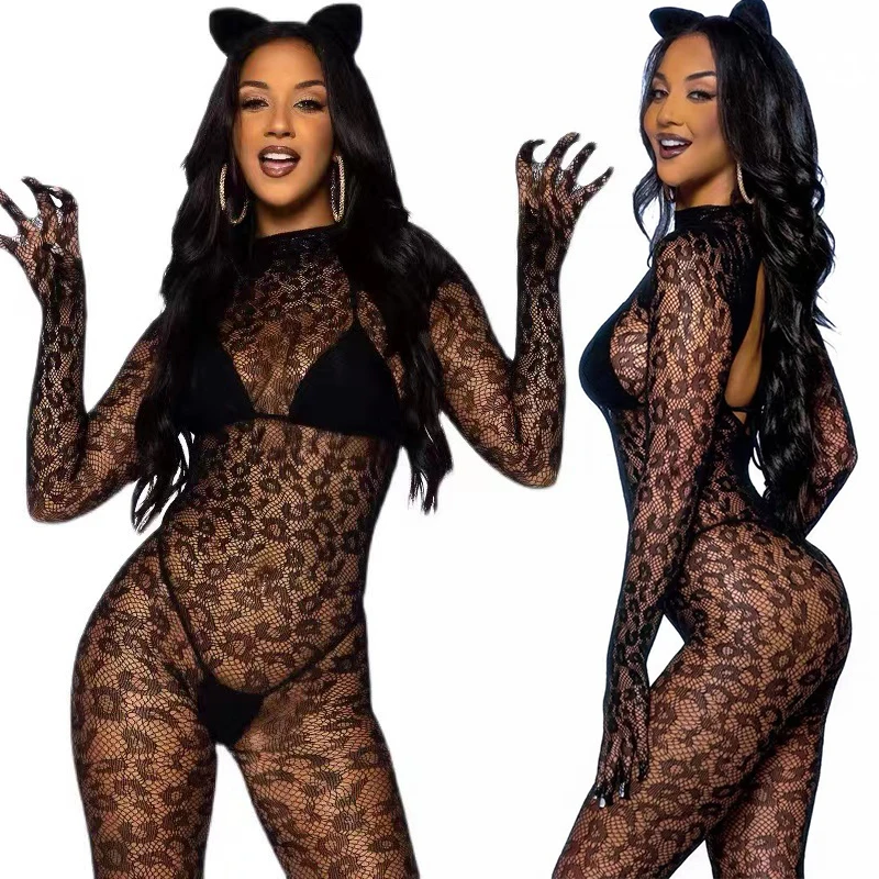 

See Through Mesh Bodysuit Bodystocking Leopard Print Women's Tights Pantyhose Sexy Long Sleeved Gloves Lingerie Erotic Costumes