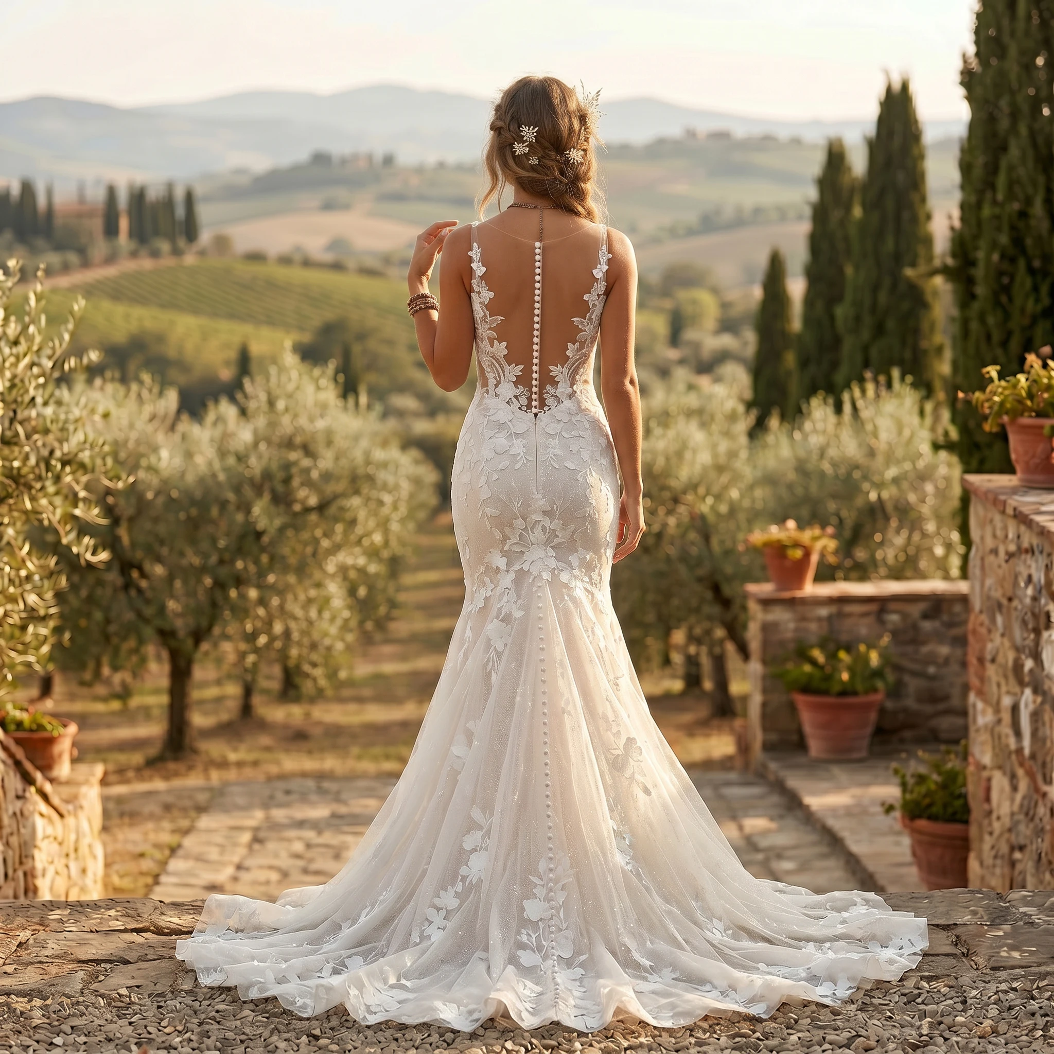 Spaghetti Strap Deep V Mermaid Wedding Dress 3D Floral Lace Sheer Back Pearl Button Sparkle Tulle Chapel Train Bridal Gown