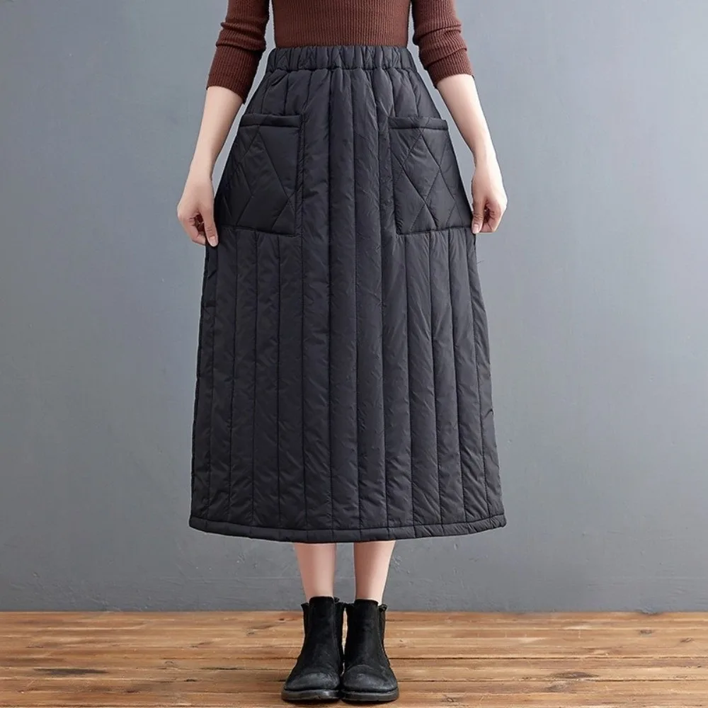 High Waist Midi Length Skirt Thickened Warm a-Line Outerwear Skirt Winter Quilted Diamond Straight Long Skirt Outerwear Daily