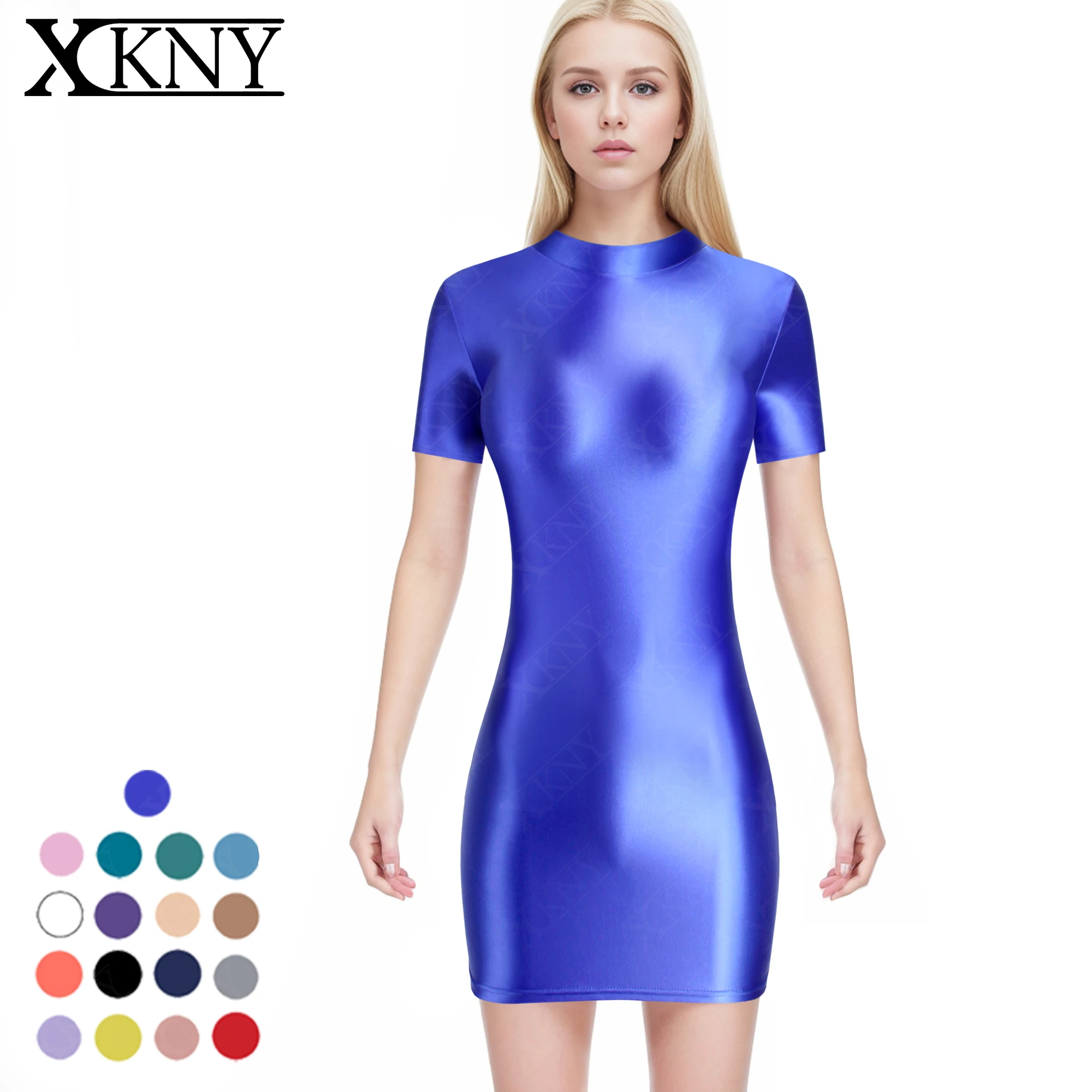 

XCKNY oil Glossy hip dress elastic slip glossy tight skirt high neck short sleeve long skirt smooth casual sports skirt