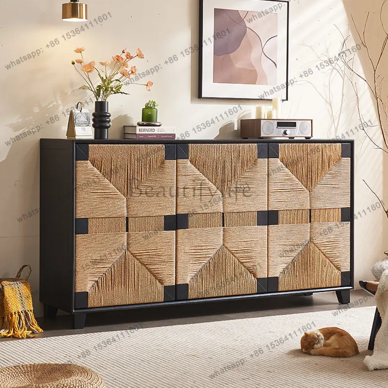 LD medieval wabi-sabi wind solid wood dining side cabinet handmade rattan three-door entrance cabinet