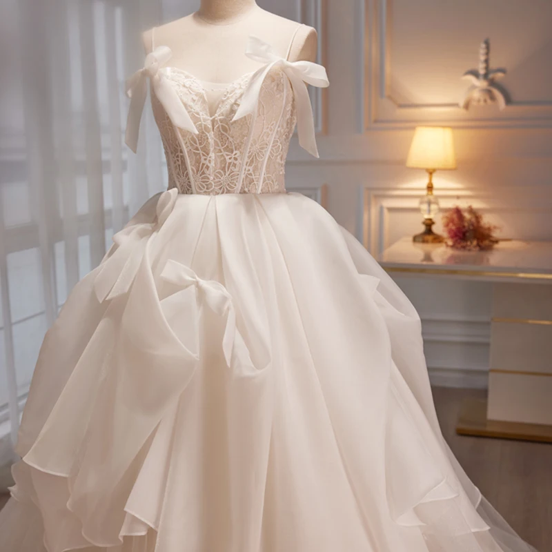 Anxin sh princesa fora branco flor renda vintage cinta de espaguete beading pequeno arco babados vestido de baile vestido de noite personalizado