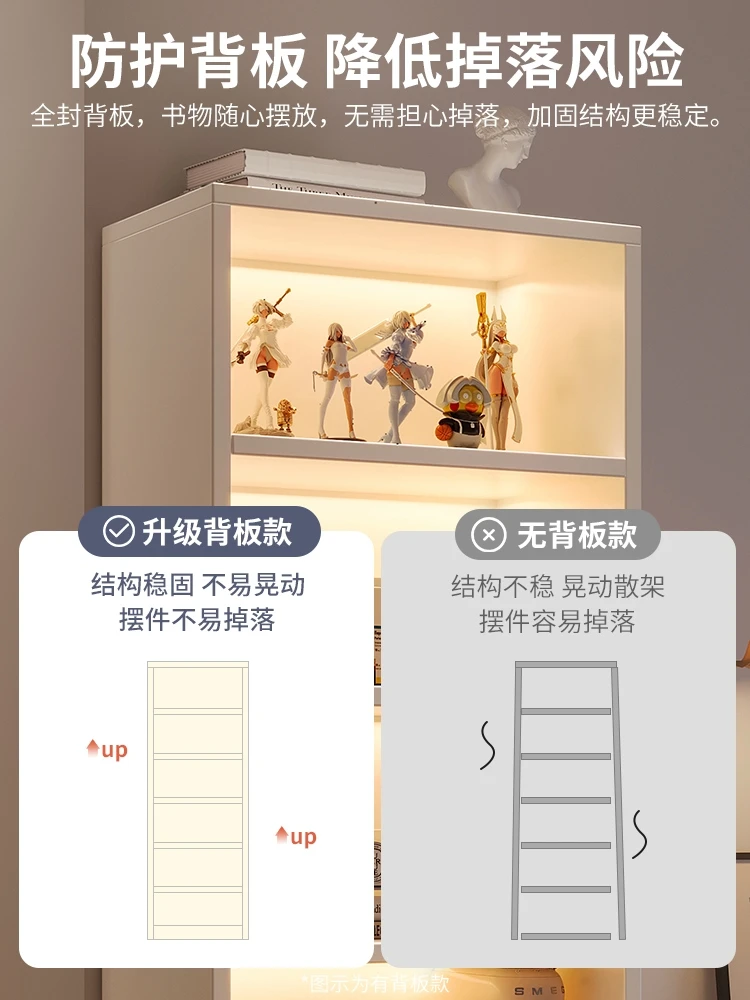 Simple toy storage multi-layer corner book cabinet in household living room with articles placed on the floor.