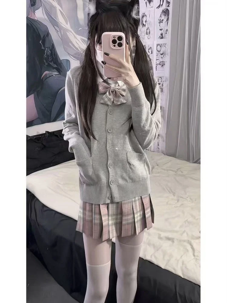 

Японский Sle JK orm цветной вязаный свитер, кардиган, женский студенческий комплект с оригинальной клетчатой юбкой, осень-зима