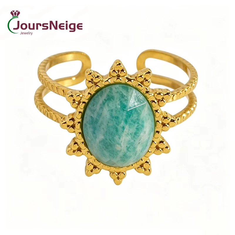 Natural Boho Sun Amazonite/Amethyst Open Cuff Ring Natural Oval Double Band Adjustable Statement Ring Women Vintage Jewelry Gift