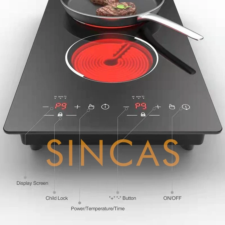 Fornello a induzione elettrico in ceramica a doppia testa incorporato 220 \ 110V Fornello a onda luminosa a doppia testa verticale a piastra completa