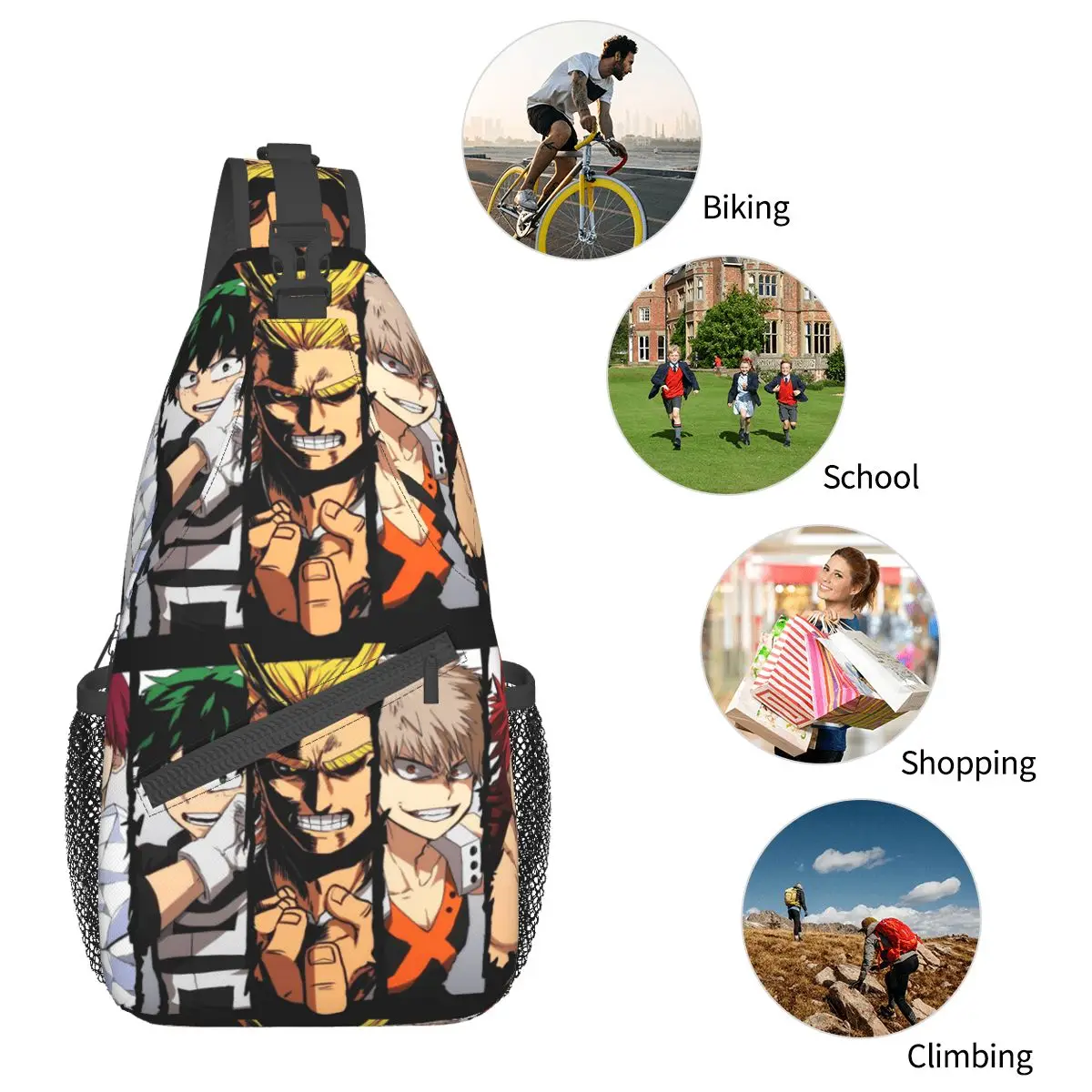 My Hero Academia Collage Sling Bags pecho Crossbody hombro mochila deportes al aire libre Daypacks Academy Anime Pack para hombres y mujeres