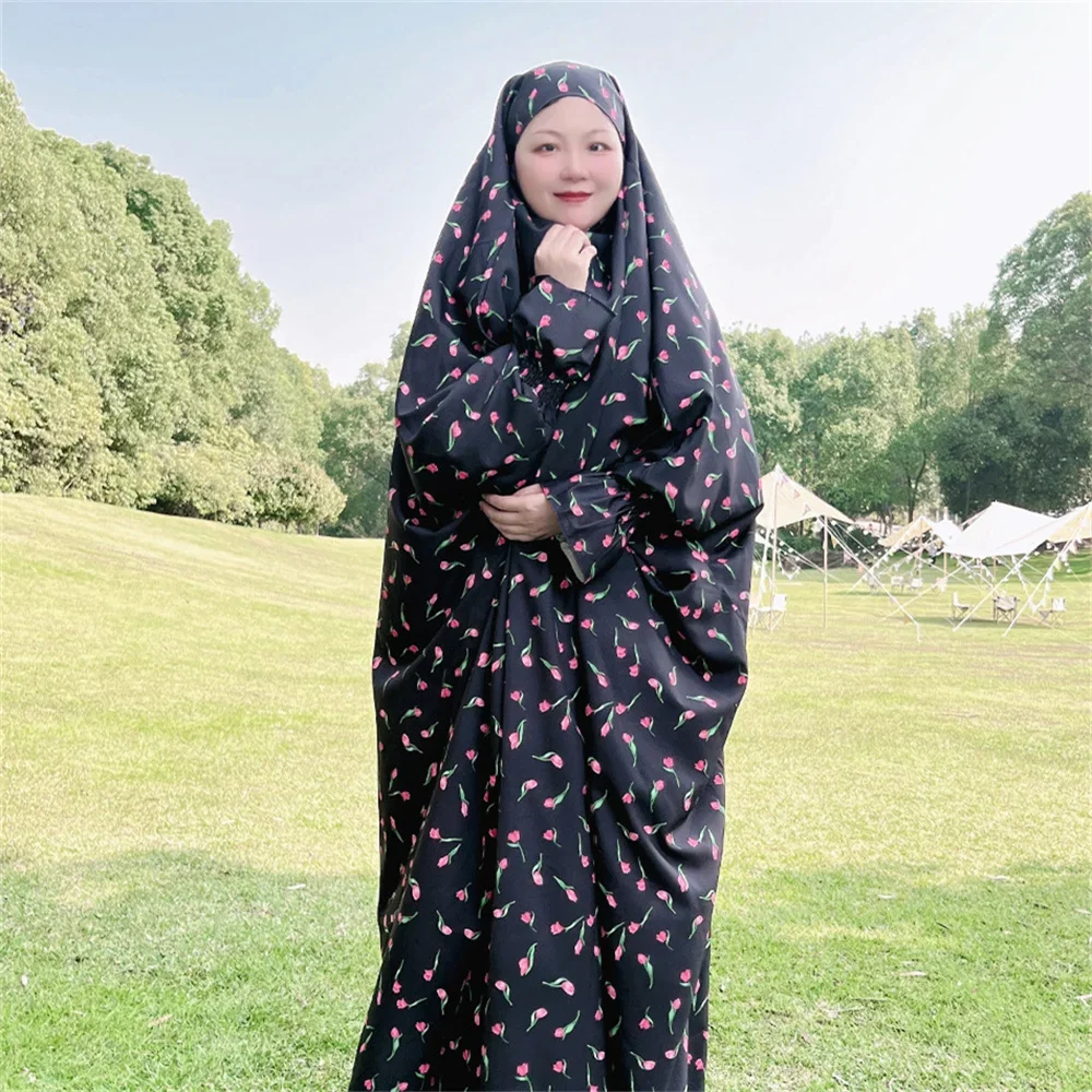 

Ramadan Muslim Women Abaya Floral Print Prayer Garment Hooded Dress Islam Gown Robe Eid Djellaba Jalabiya Kebaya Caftan Kaftan
