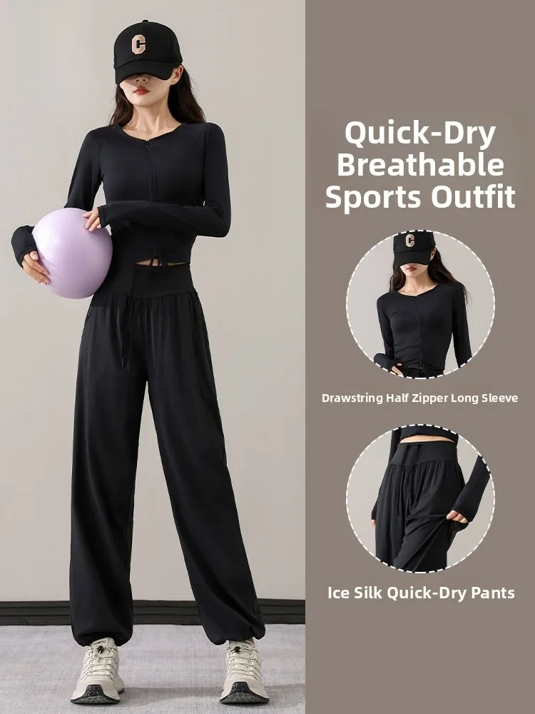 

Women's Running Fitn Yoga Sportswear Set Long Sve Qui Dry Pants High Waist T-irt f Zipper Summer Sportswear