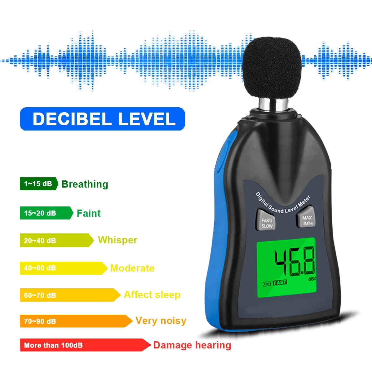 Medidor de nível de som digital profissional HP-882C 30-130dB Instrumento de medição de ruído Detector de decibéis para qualidade ambiental