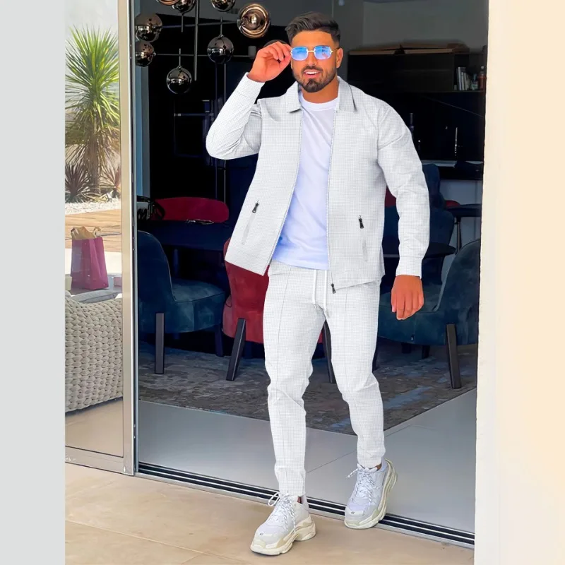 Conjunto de Jaqueta Fashion com Zíper e Bolsos para Primavera e Outono 2026 + Calças Esportivas e Casuais Masculinas