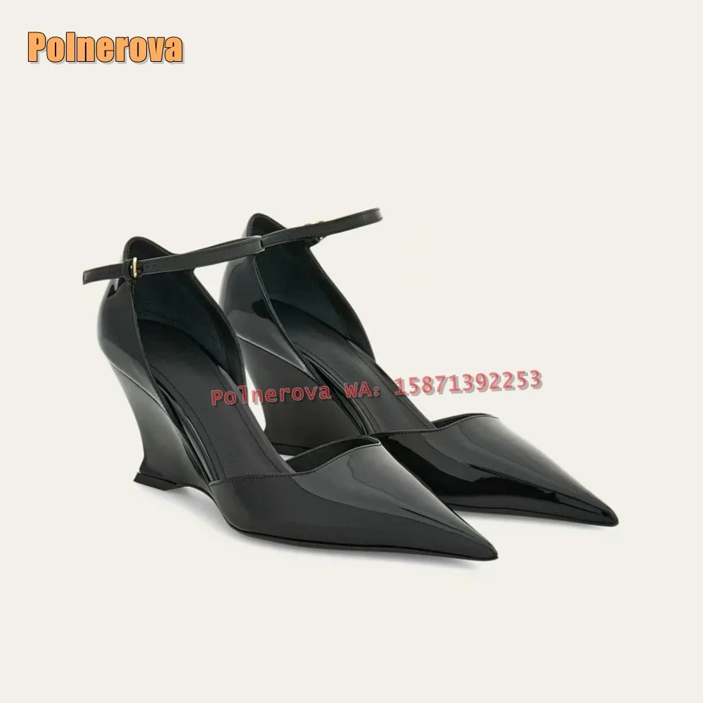 

Красные пикантные туфли Мэри Джейн на танкетке с острым носком и пряжкой на ремешке 2025: весенние новые стильные туфли-лодочки в уличном стиле, модельные туфли больших размеров