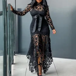 Plus Size Women's Elegant Lace Hollow Out Dress Vintage Patchwork Mermaid Dress Autumn Asymmetric Hem Evening Party Dress
