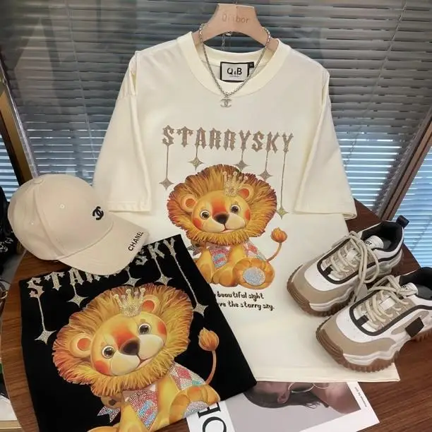 2023 Summer New Heavy Industry Crown Lion round Neck Designer Cartoon Couple New Short Sleeve