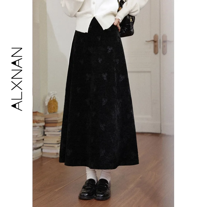 ALXNAN Plus Size Women's Black Skirt 2026 Fall Casual Elegant Bow Embroidery Women's Long Skirts A-line Female Clothing D58836