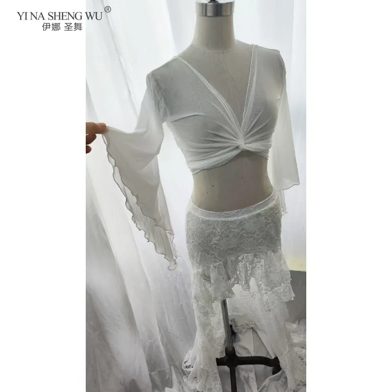 

Женский костюм для танца живота, восточный тренировочный комплект, кружевная юбка, газовый топ с рукавами-колокольчиками, сексуальная танцевальная одежда для женщин, танцоров