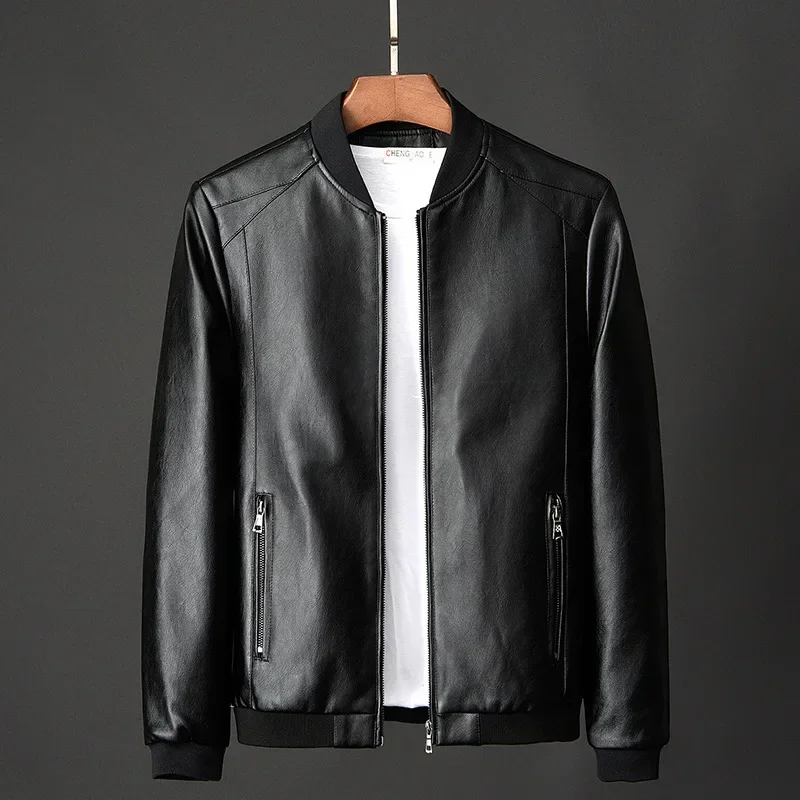 2024 Autumn New Men Black Biker PU Leather Coat Korean Fashion Men Pu Leather Jacket Trend Casual Fit Slim Baseball Clothes