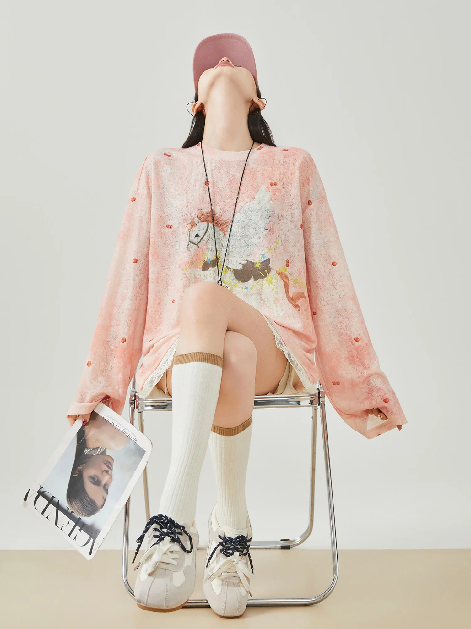 

Pink adient Long Sve T-irt Women's Loose Korean Design Lace Splice Print Top Commute Suitable Polyester Fiber Blouse