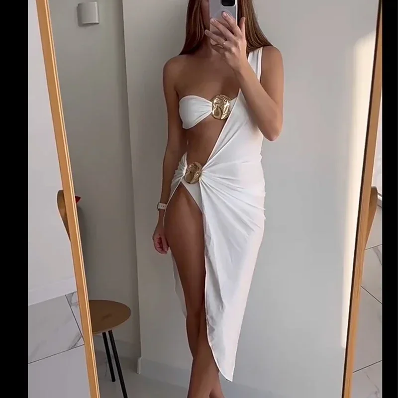 

Sexy Bikini Set Women Swimsuit Fashion Metal Decoration Hollow Out Split High Waist Bikini Cover Ups 2025 New Beachwear 3 Pieces