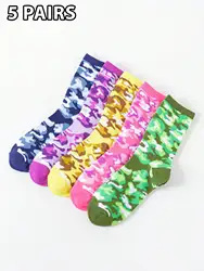 5 Pairs/sets Of Women's Four Seasons Warm American Street Style Camouflage Pattern Suitable for Daily Festivals and Outings