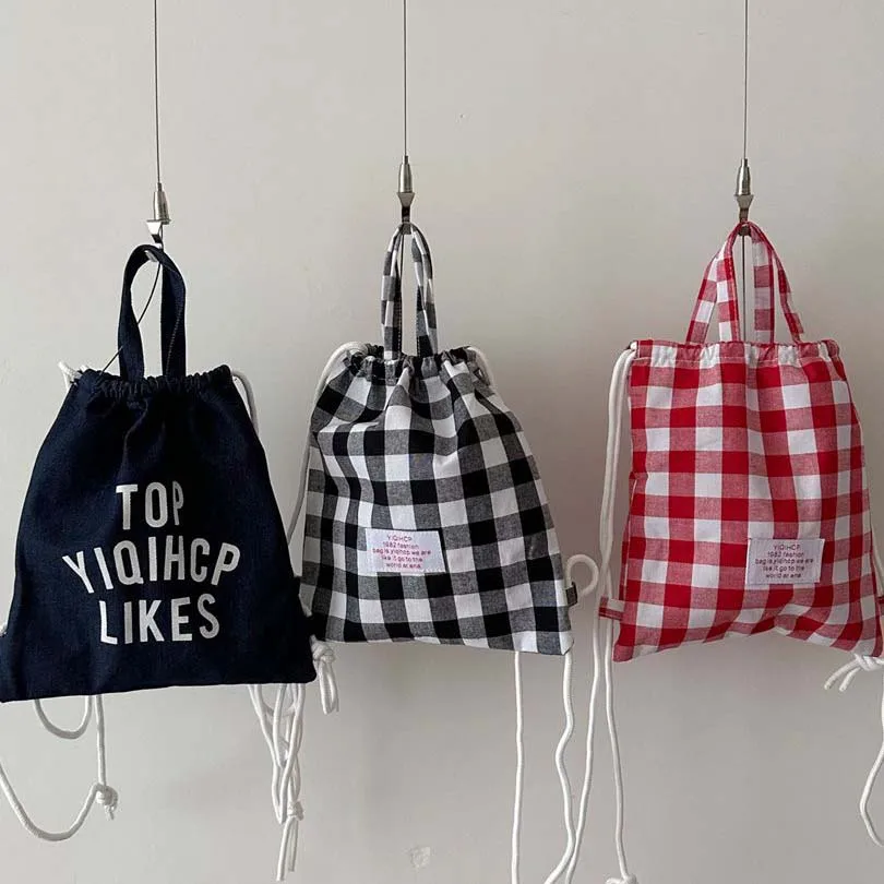 

Kids Backpack Drawstring Closure Kids School Bags Children's Plaid Backpack For Boys Girls Canvas Bag School Bags