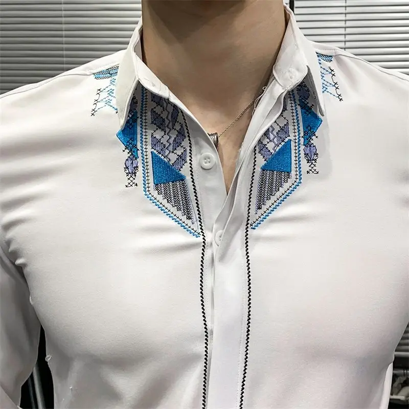 Embroidered Men's Shirt Long Sleeved Slim Fit Trendy Personalized Shirt Hairstylist Solid Color Slim Fit Shirt